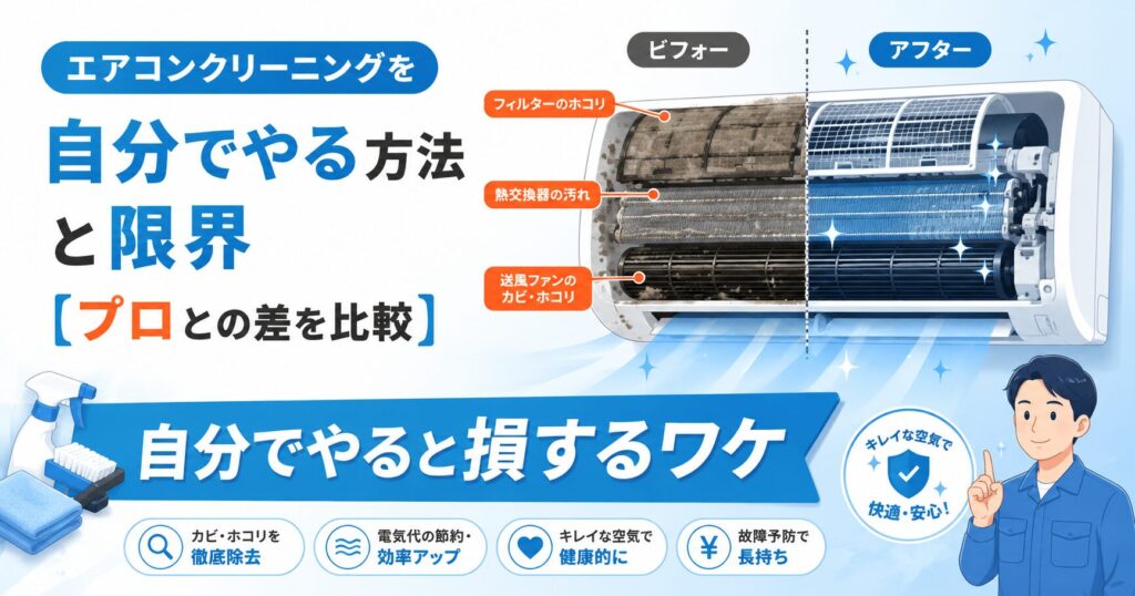 自分でエアコンクリーニングをする方法とプロを比較するイメージ