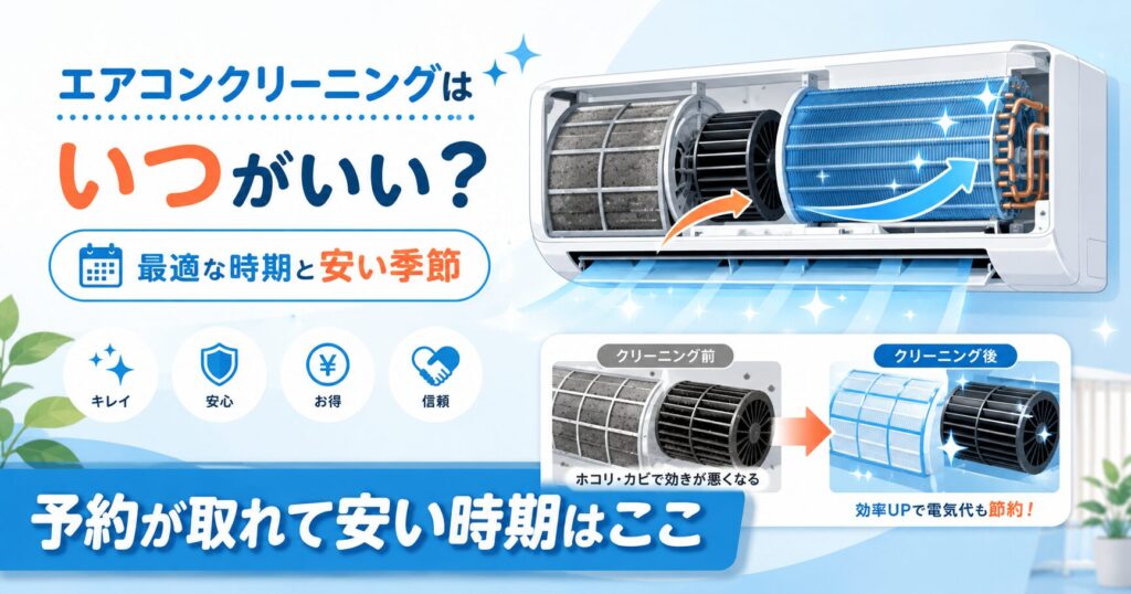 エアコンクリーニングの最適な時期と安い季節を示すイメージ
