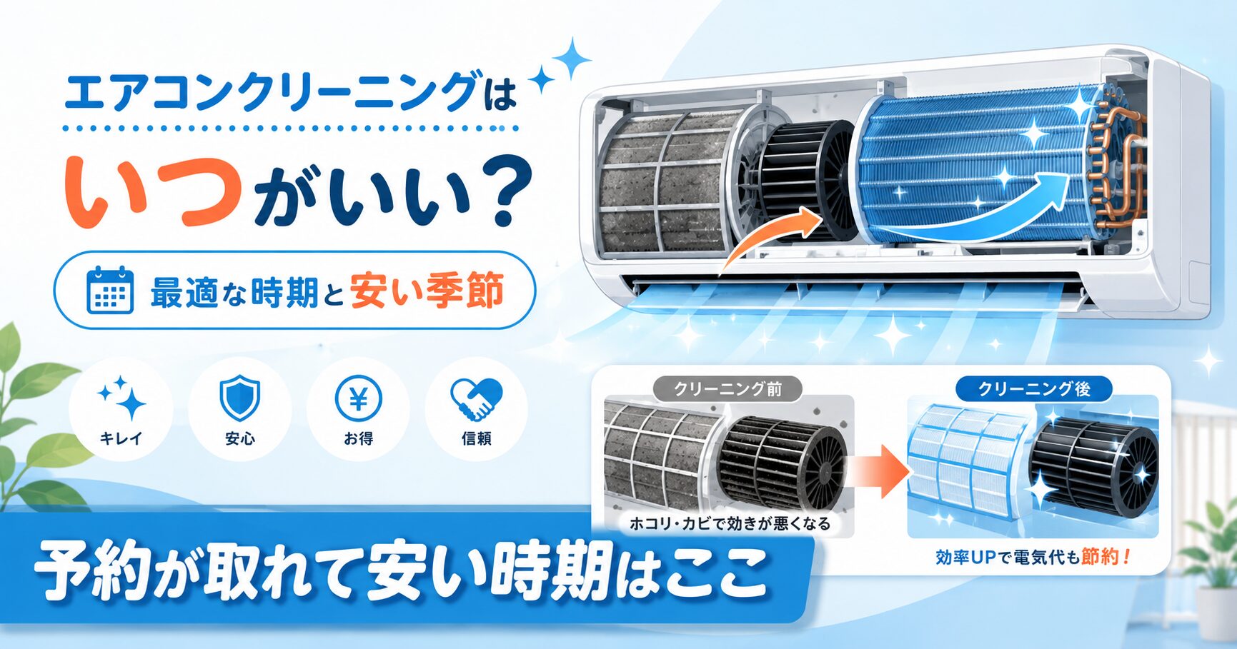 エアコンクリーニングの最適な時期と安い季節を示すイメージ