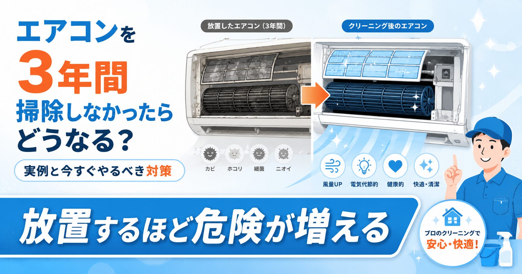 3年間掃除していないエアコン内部の汚れイメージ