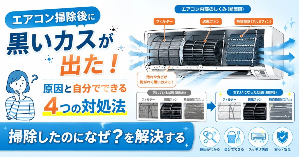 エアコン掃除後に黒いカスが出ている様子のイメージ