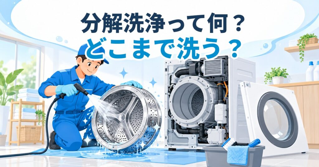 ドラム式洗濯機を分解し、取り外したドラムを高圧洗浄するプロの作業イメージ