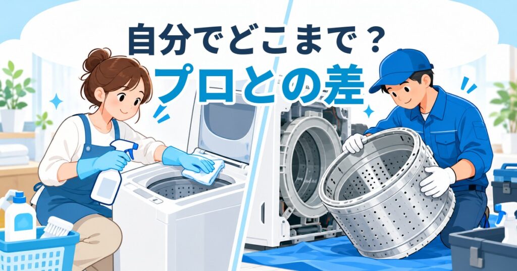 洗濯機を自分で掃除する人とプロが洗濯槽を分解洗浄する様子の比較イラスト