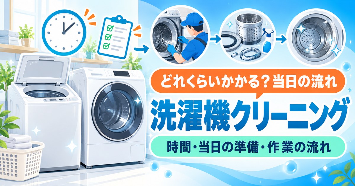 洗濯機クリーニングの所要時間と当日の準備・作業の流れを示すイメージ